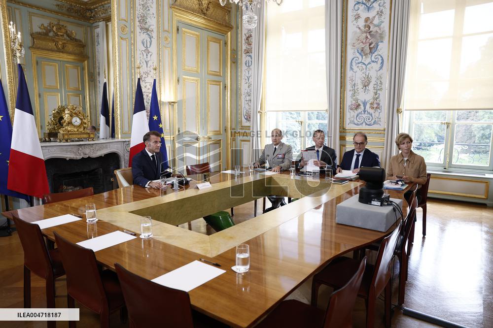 French President Macron Attends A Video Conference On The Situation In The Middle East - Paris