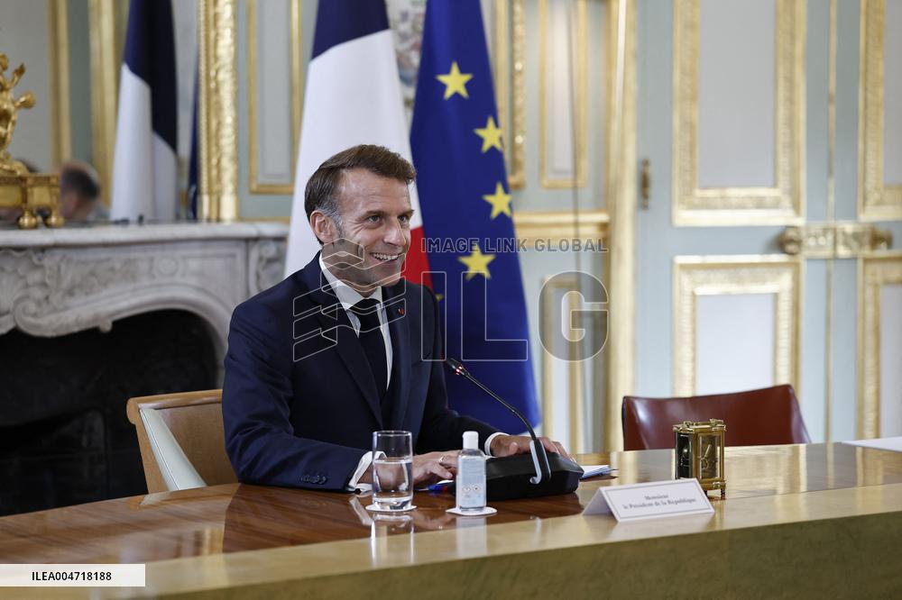 French President Macron Attends A Video Conference On The Situation In The Middle East - Paris