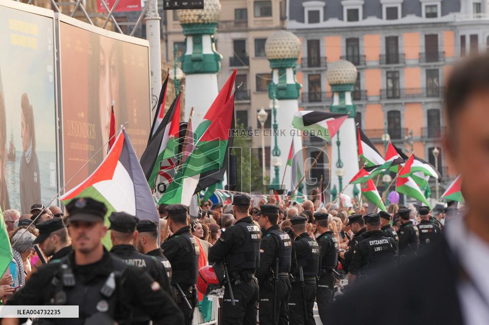 Palestinian flags at Opening Gala of the 73rd San Sebastian Film Festival