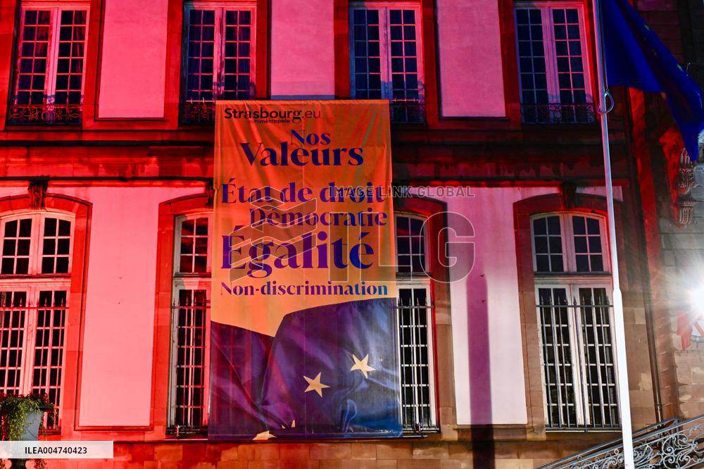 City Hall illuminated in the colors of the Palestinian Flag - Strasbourg
