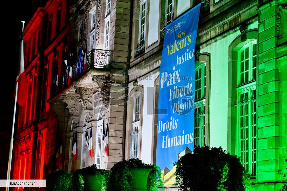 City Hall illuminated in the colors of the Palestinian Flag - Strasbourg