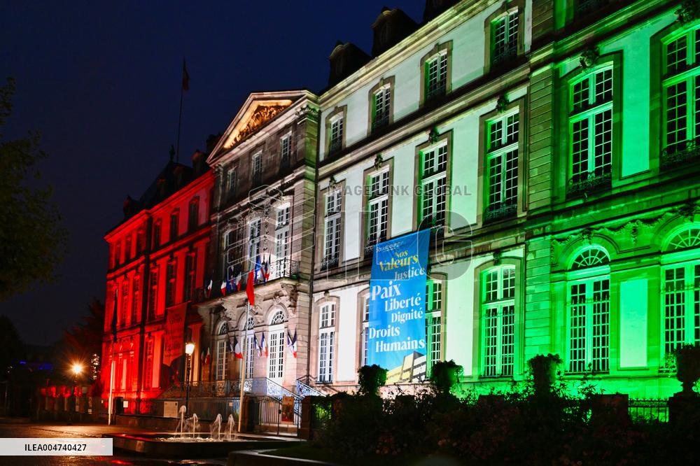 City Hall illuminated in the colors of the Palestinian Flag - Strasbourg