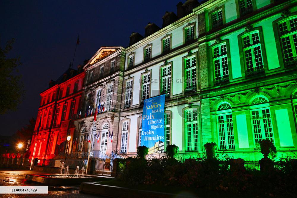 City Hall illuminated in the colors of the Palestinian Flag - Strasbourg