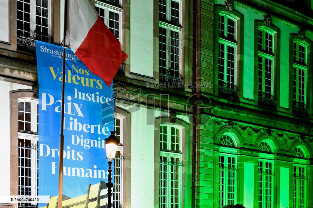 City Hall illuminated in the colors of the Palestinian Flag - Strasbourg
