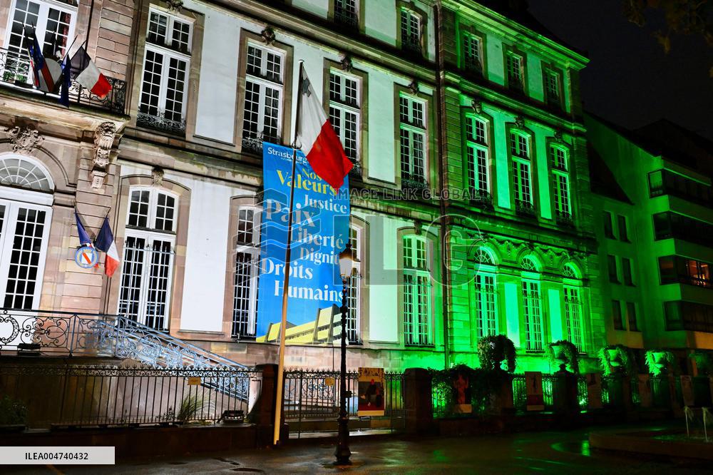 City Hall illuminated in the colors of the Palestinian Flag - Strasbourg
