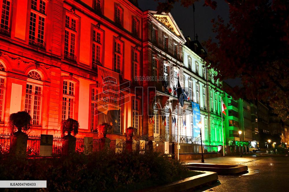 City Hall illuminated in the colors of the Palestinian Flag - Strasbourg