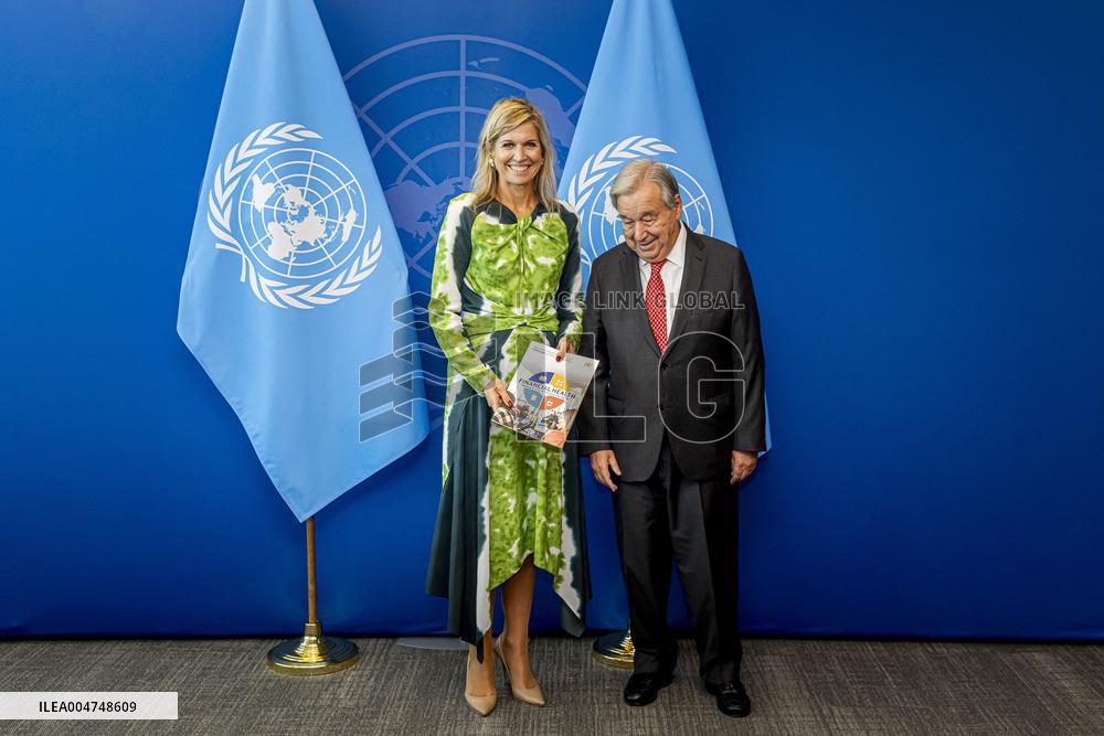 Queen Maxima Presents Her Annual Report To Antonio Guterres At United Nations - NYC