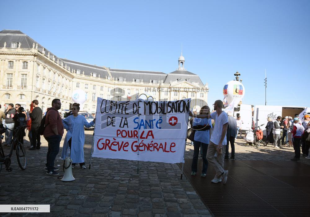 Demonstration and strike at Place de la Bourse in Bordeaux