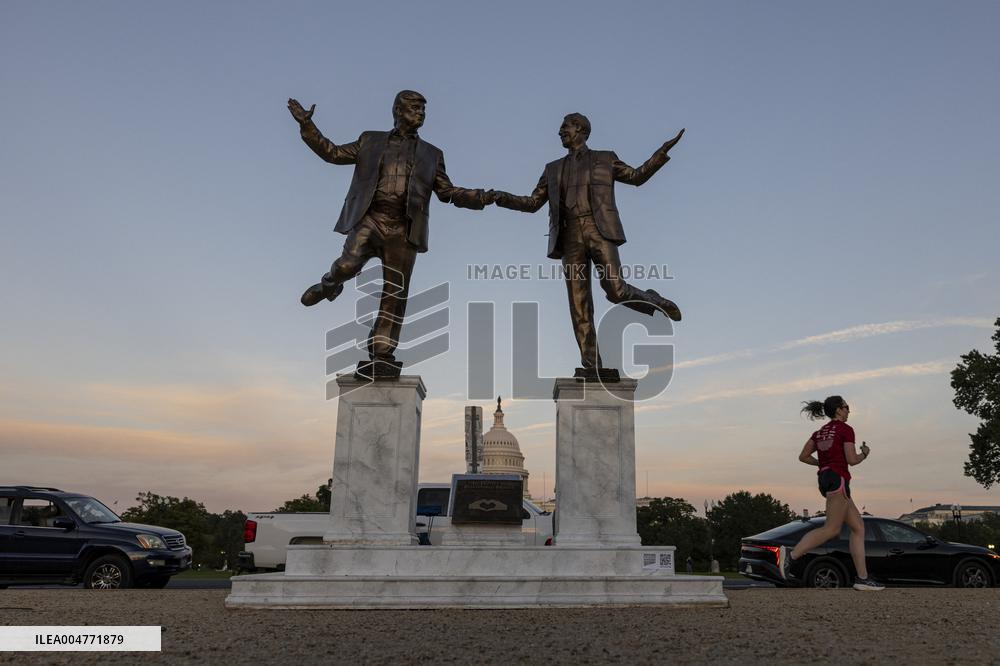 Donald Trump and Jeffrey Epstein Holding Hands Statue Reinstalled - Washington