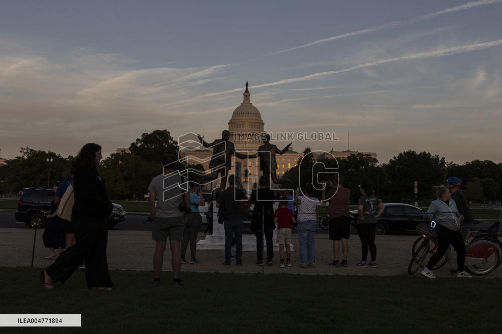 Donald Trump and Jeffrey Epstein Holding Hands Statue Reinstalled - Washington