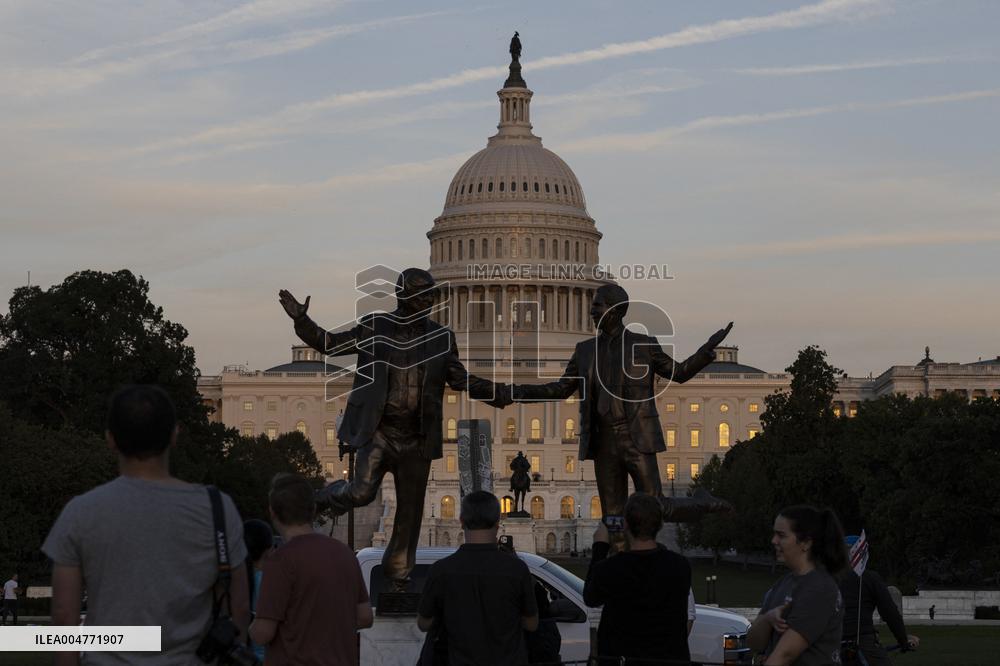 Donald Trump and Jeffrey Epstein Holding Hands Statue Reinstalled - Washington