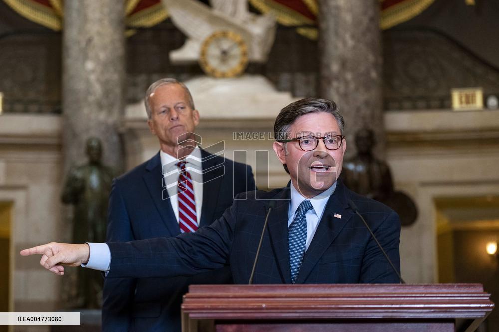 Speaker Johnson, Leader Thune Hold Press Conference on Day Three of Government Shutdown