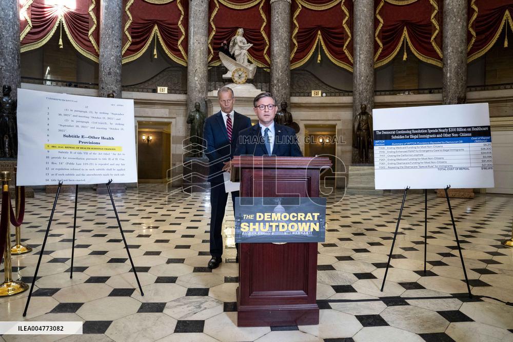 Speaker Johnson, Leader Thune Hold Press Conference on Day Three of Government Shutdown
