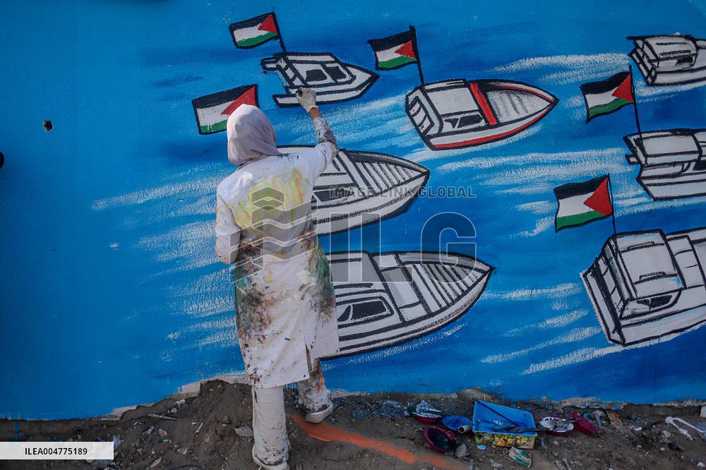 Mural Depicting the Sumud World Flotilla - Gaza