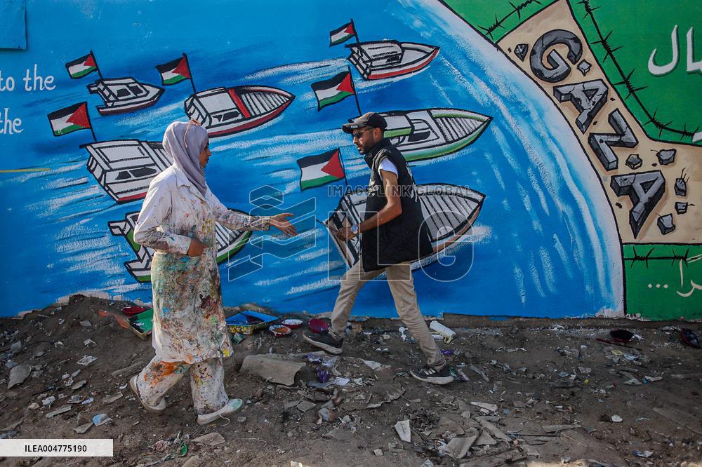 Mural Depicting the Sumud World Flotilla - Gaza