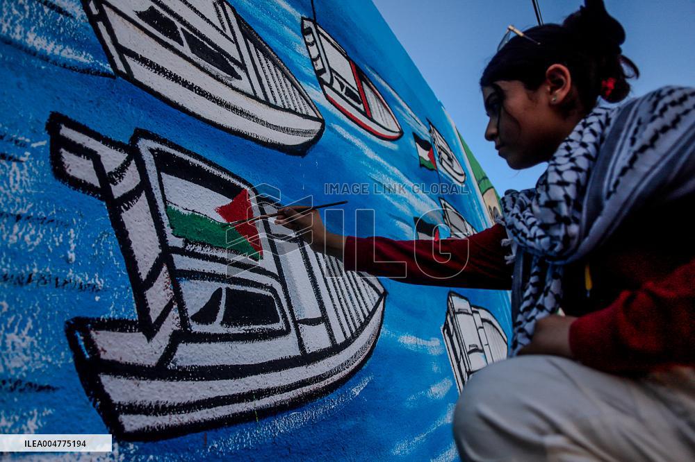 Mural Depicting the Sumud World Flotilla - Gaza