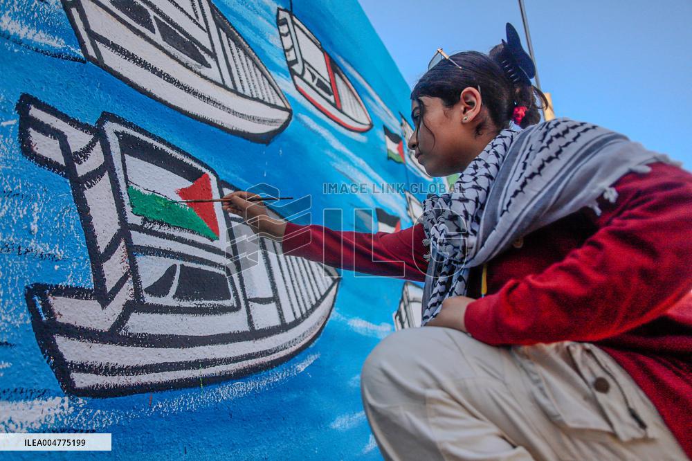 Mural Depicting the Sumud World Flotilla - Gaza