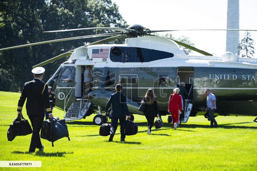 President Trump Departs The White House For Navy Celebration - DC