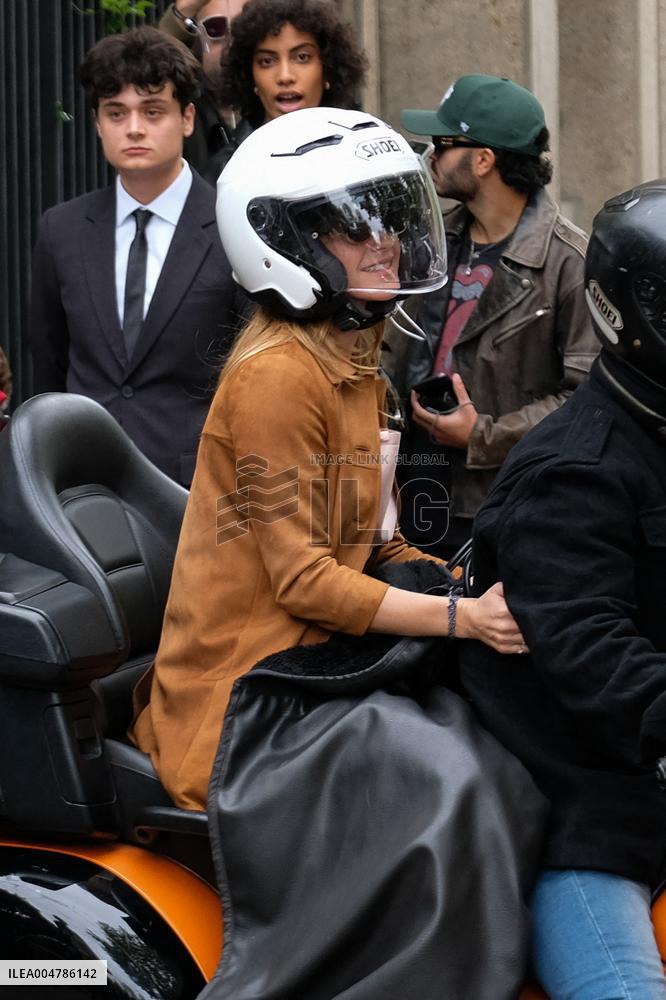 PFW - Emma Watson Leaving Miu Miu Show On Moto Taxi
