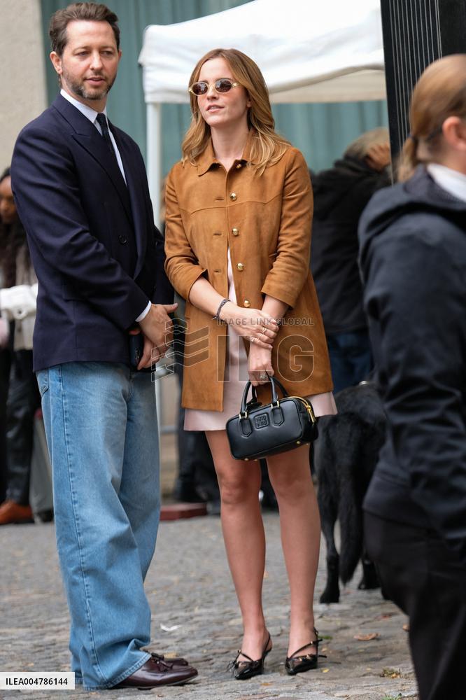 PFW - Emma Watson Leaving Miu Miu Show On Moto Taxi