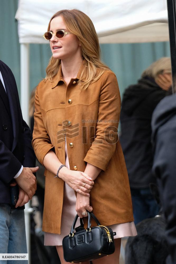 PFW - Emma Watson Leaving Miu Miu Show On Moto Taxi