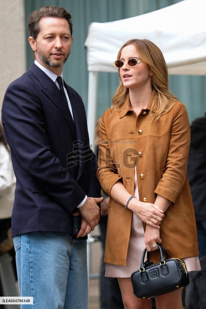 PFW - Emma Watson Leaving Miu Miu Show On Moto Taxi