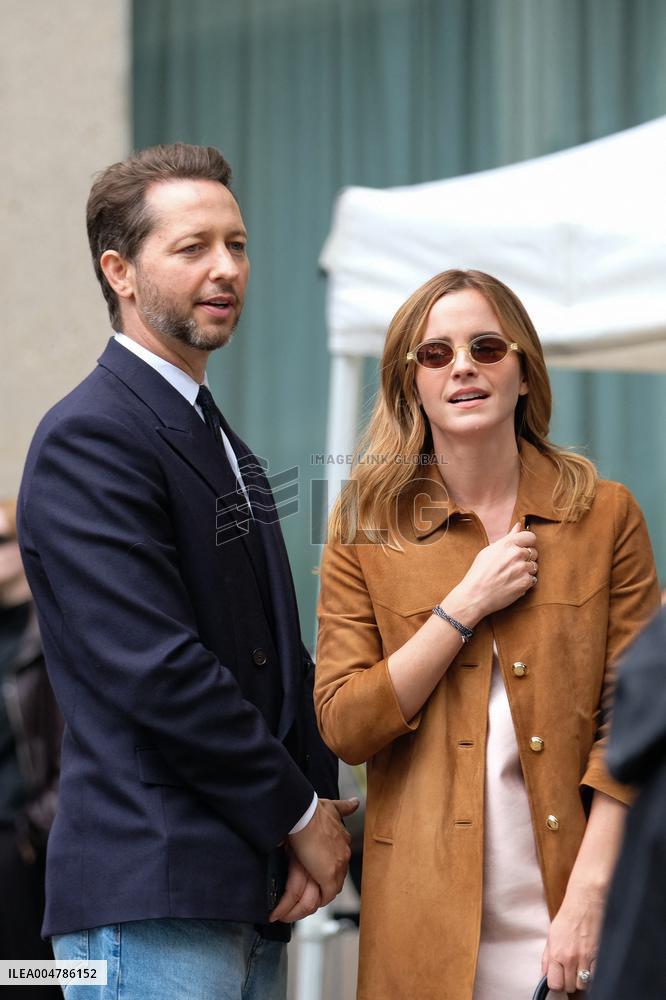 PFW - Emma Watson Leaving Miu Miu Show On Moto Taxi