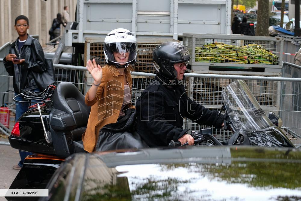PFW - Emma Watson Leaving Miu Miu Show On Moto Taxi