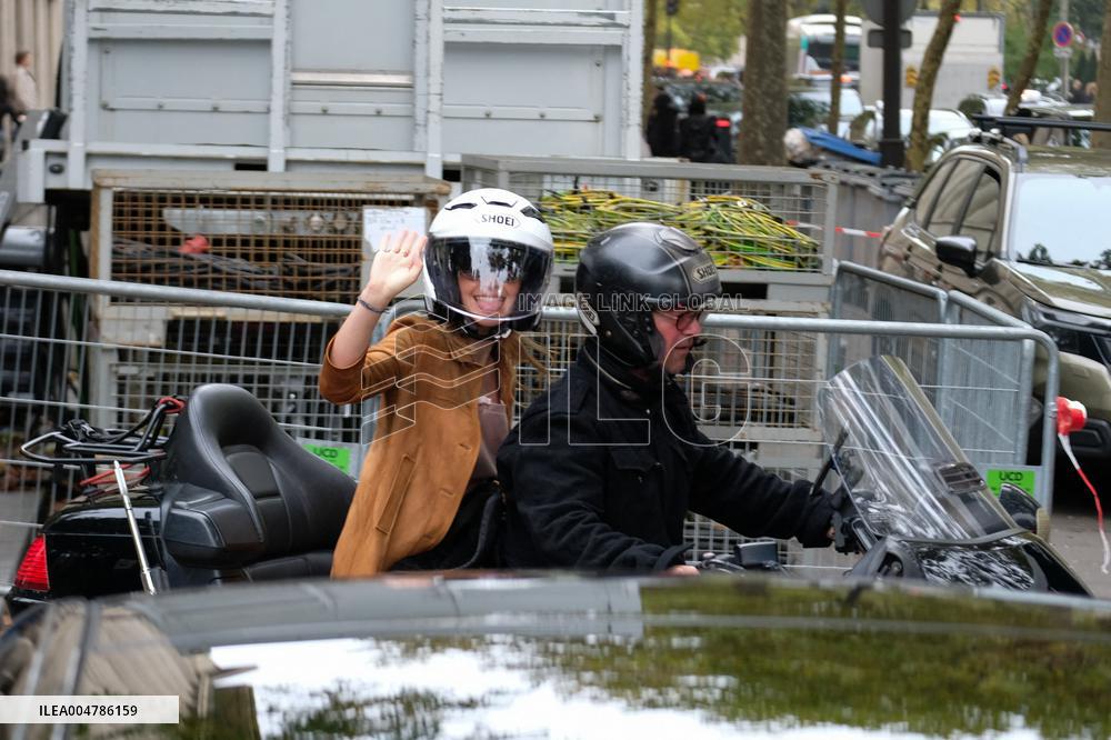 PFW - Emma Watson Leaving Miu Miu Show On Moto Taxi