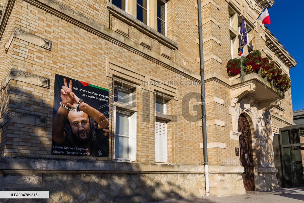 Portrait of Marwan Barghouti In Front of The Town Hall in Saint-Pierre-des-Corps - France
