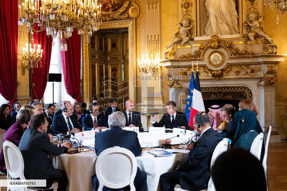 Emmanuel Macron at Meeting for a peace plan in Gaza - Paris
