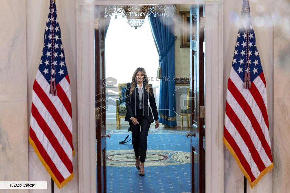 First Lady Melania Trump delivers a statement on Ukrainian children returned to their families from Russian captivity