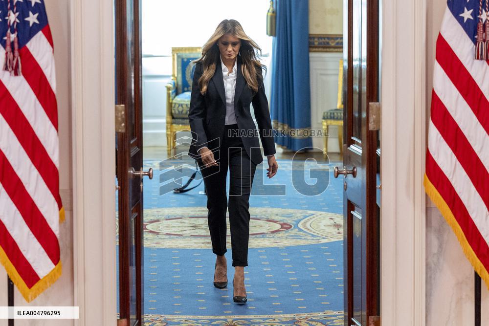 First Lady Melania Trump delivers a statement on Ukrainian children returned to their families from Russian captivity