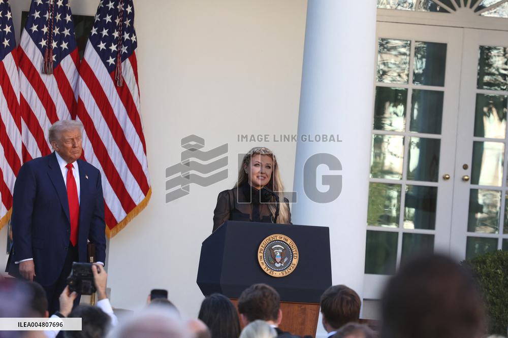 Donald J Trump presents Erika Kirk with the Presidential Medal of Freedom for her late husband Charlie Kirk