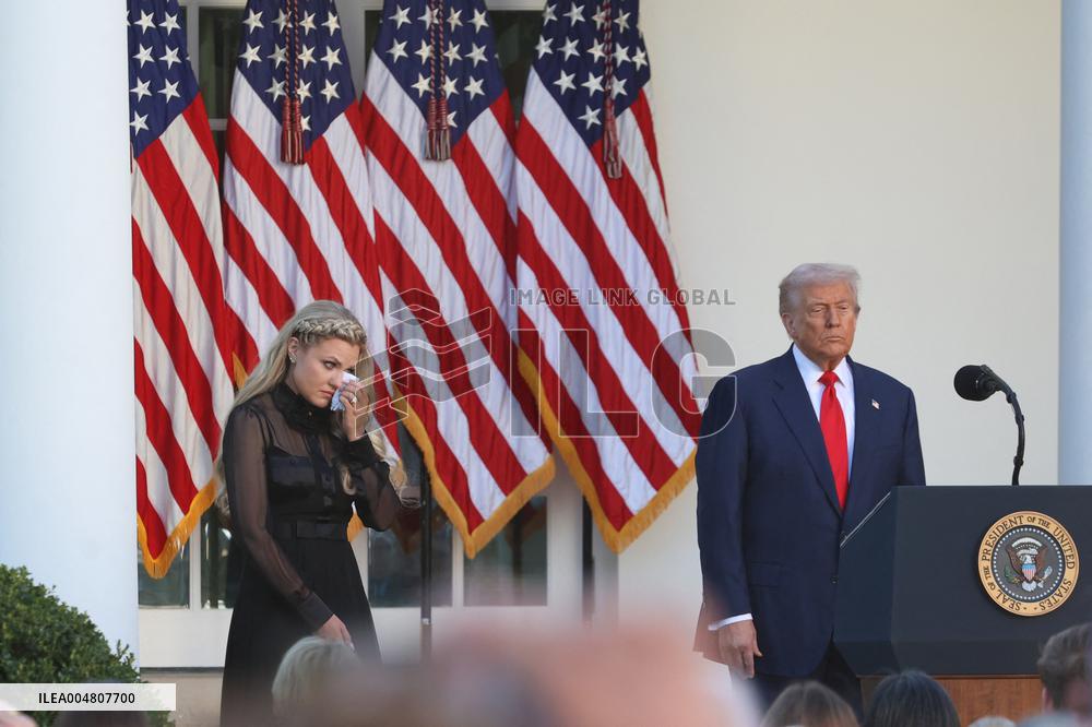 Donald J Trump presents Erika Kirk with the Presidential Medal of Freedom for her late husband Charlie Kirk