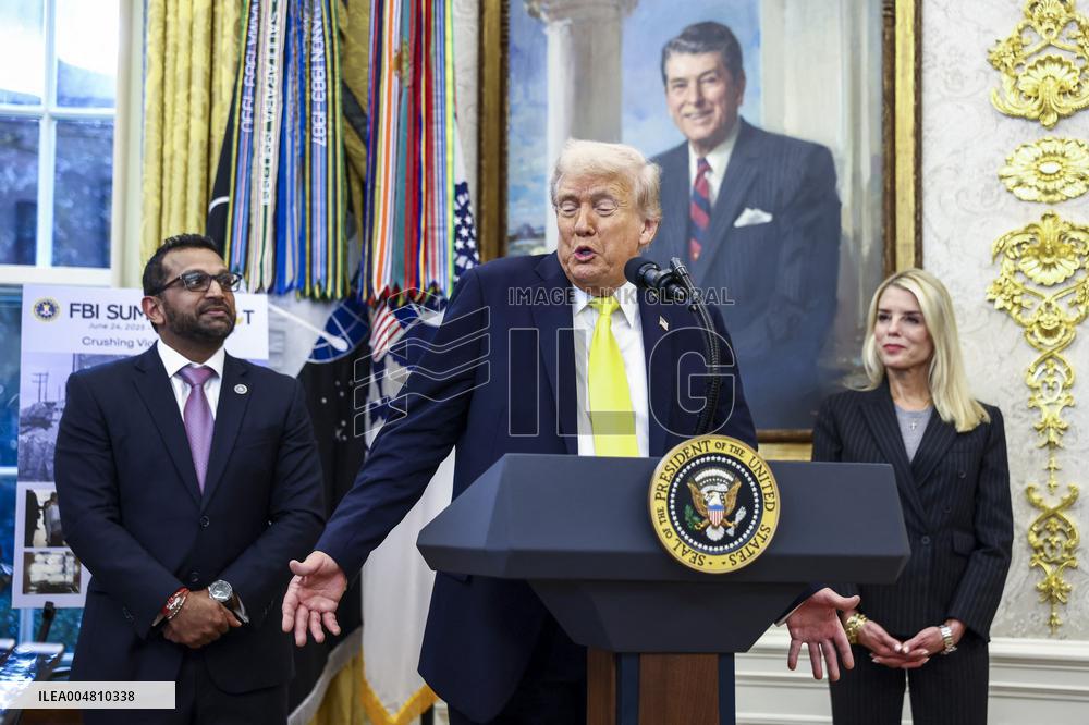 US President Donald Trump and FBI Director Kash Patel speak in the Oval Office