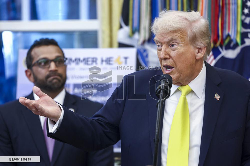US President Donald Trump and FBI Director Kash Patel speak in the Oval Office