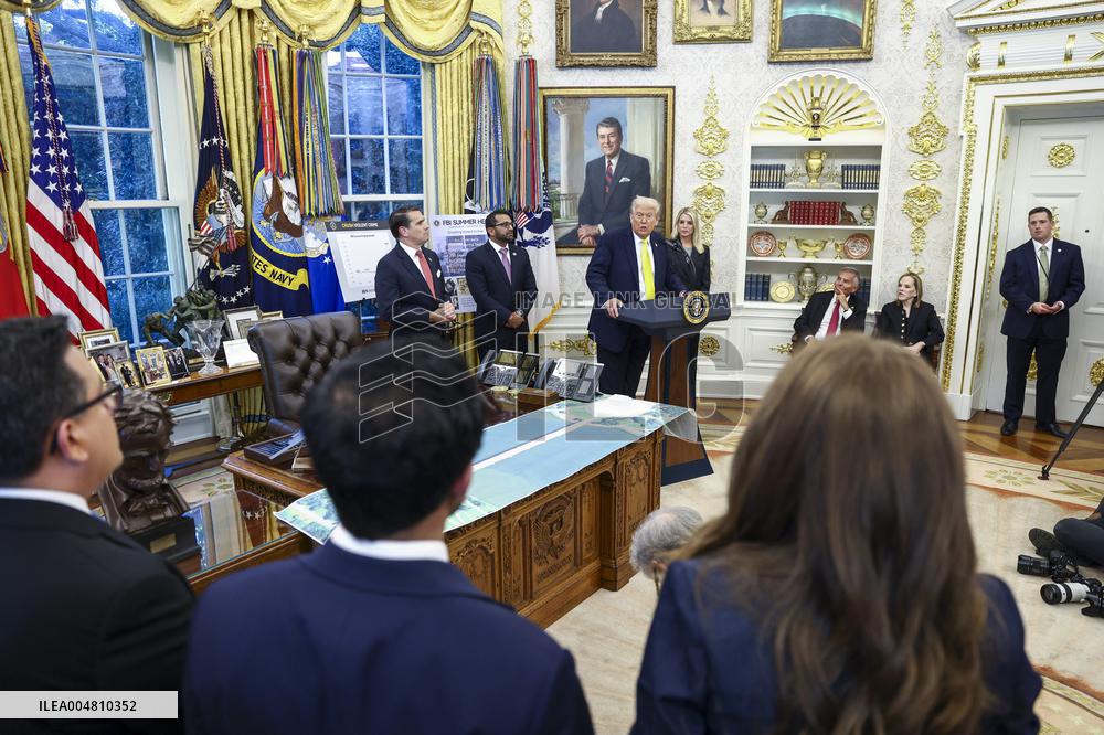 US President Donald Trump and FBI Director Kash Patel speak in the Oval Office
