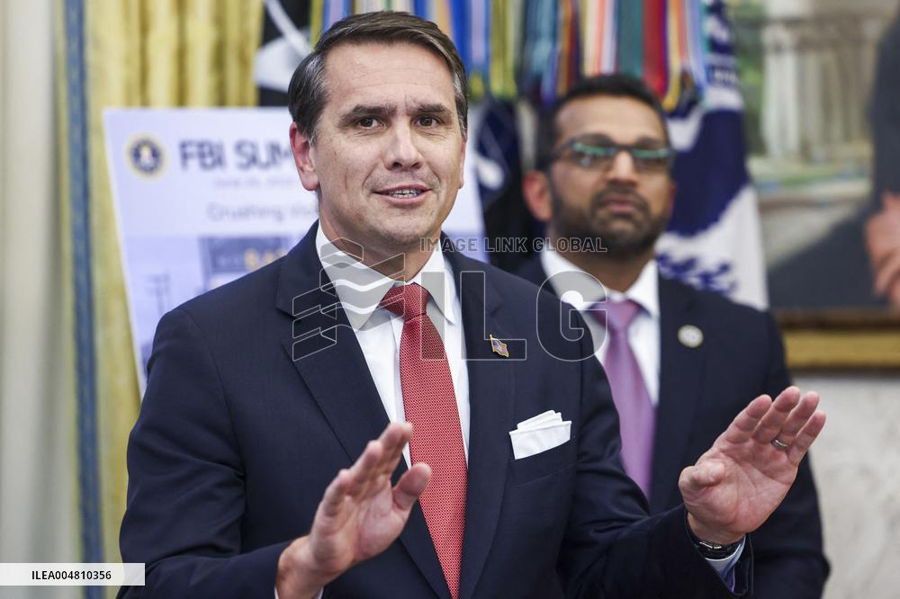 US President Donald Trump and FBI Director Kash Patel speak in the Oval Office