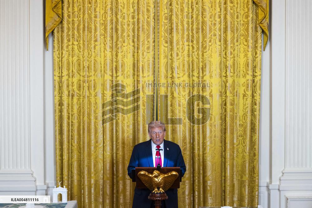 Trump speaks at a fundraiser for his ballroom extension