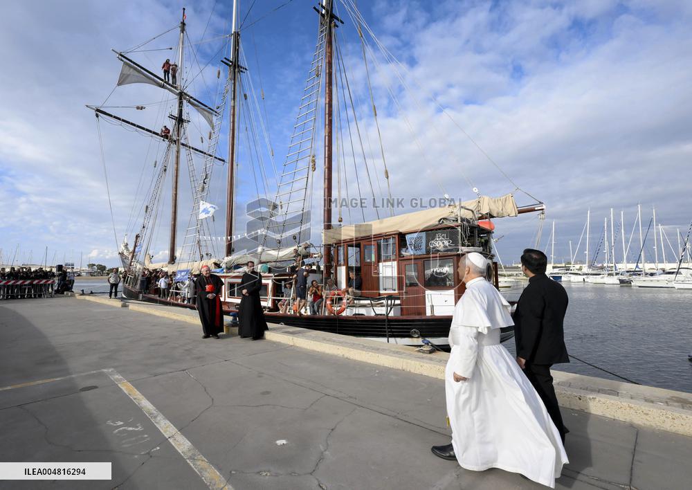 Pope Leo XIV visits Peace Training Ship at Ostia Harbour - Italy
