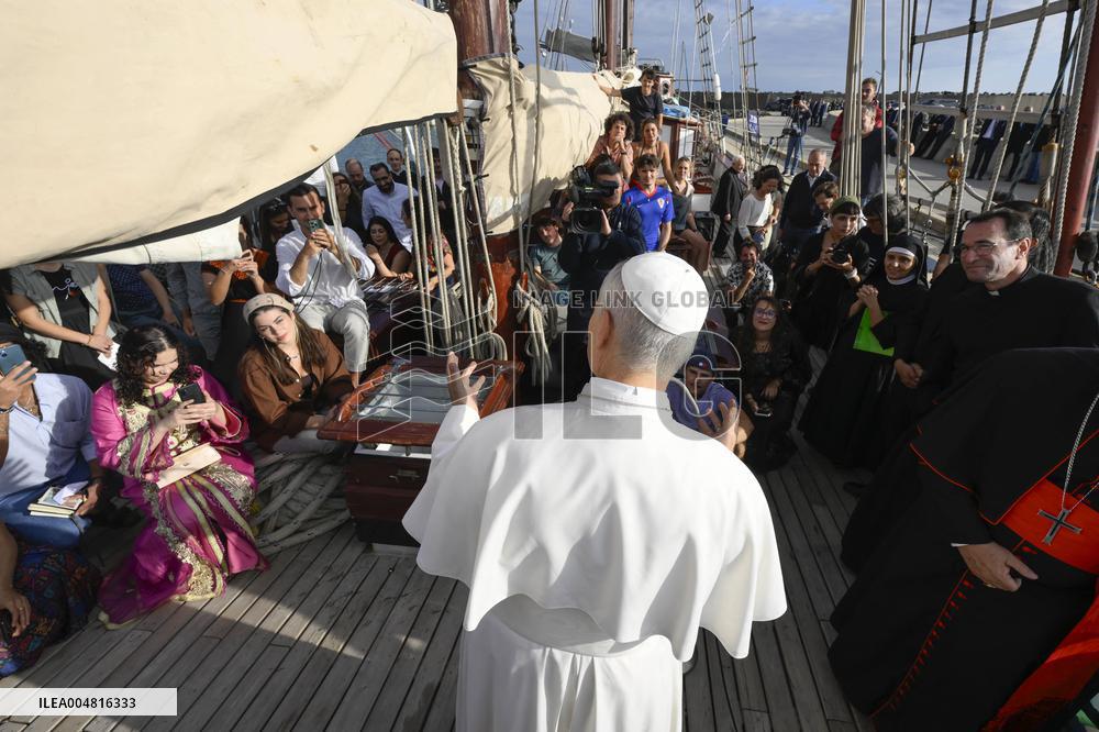 Pope Leo XIV visits Peace Training Ship at Ostia Harbour - Italy