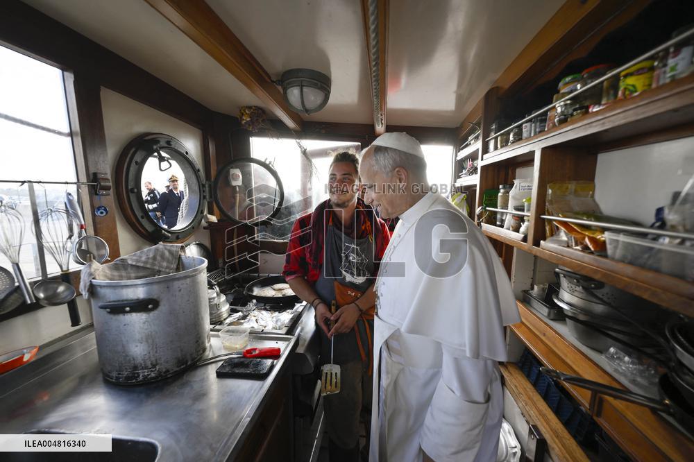 Pope Leo XIV visits Peace Training Ship at Ostia Harbour - Italy