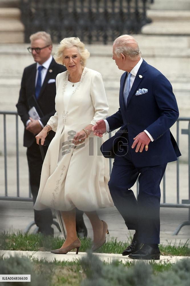Religion: King Charles III of England and Queen Camilla leave St. Paul's Basilica