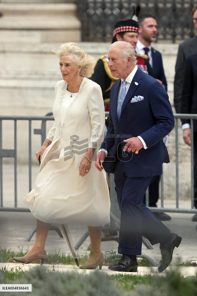 Religion: King Charles III of England and Queen Camilla leave St. Paul's Basilica