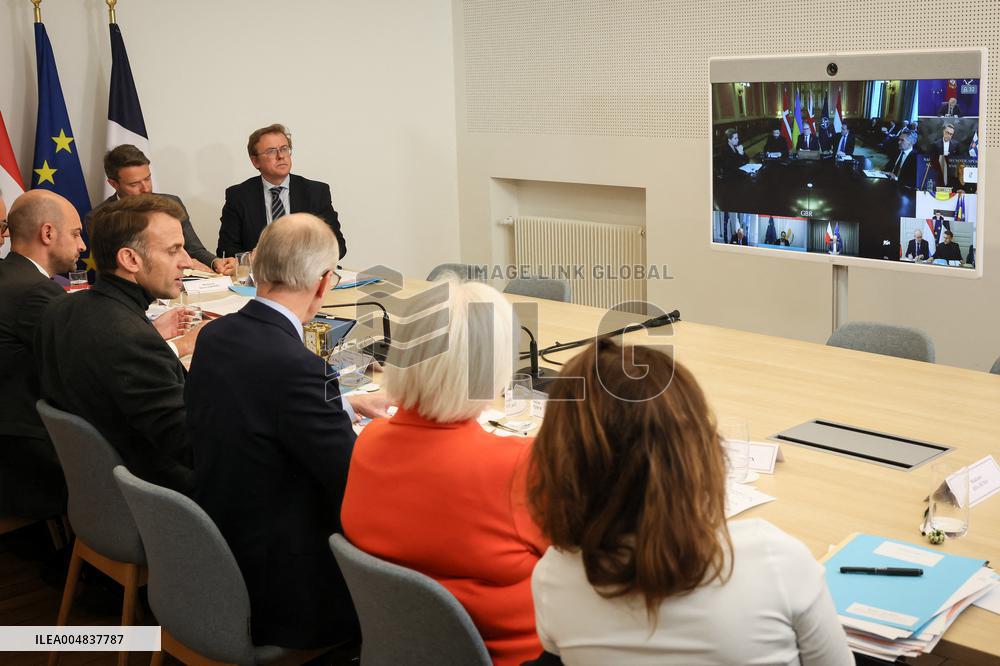 President Macron At Visio Conference of the Coalition of Volunteers At Elysee - Paris