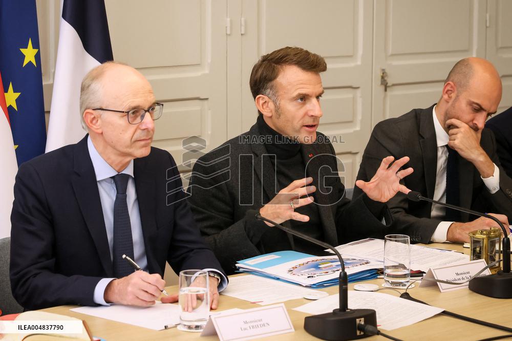 President Macron At Visio Conference of the Coalition of Volunteers At Elysee - Paris