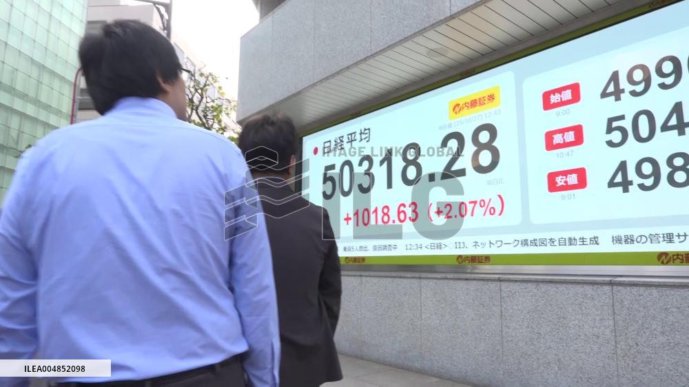 Nikkei stock index ends above 50,000 for 1st time
