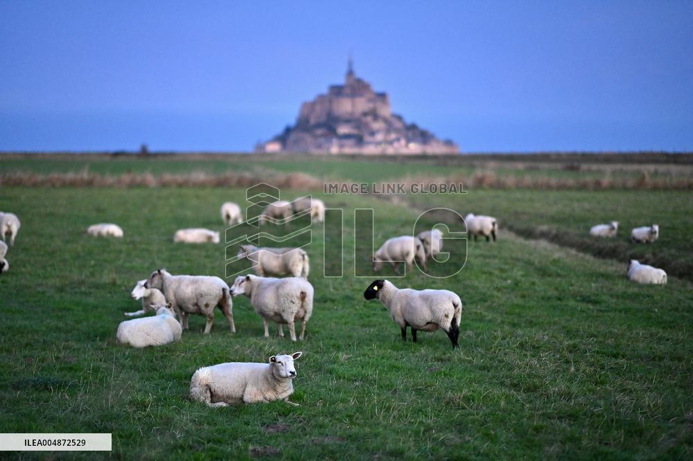 Mont-Saint-Michel and its bay in northwestern France. FC