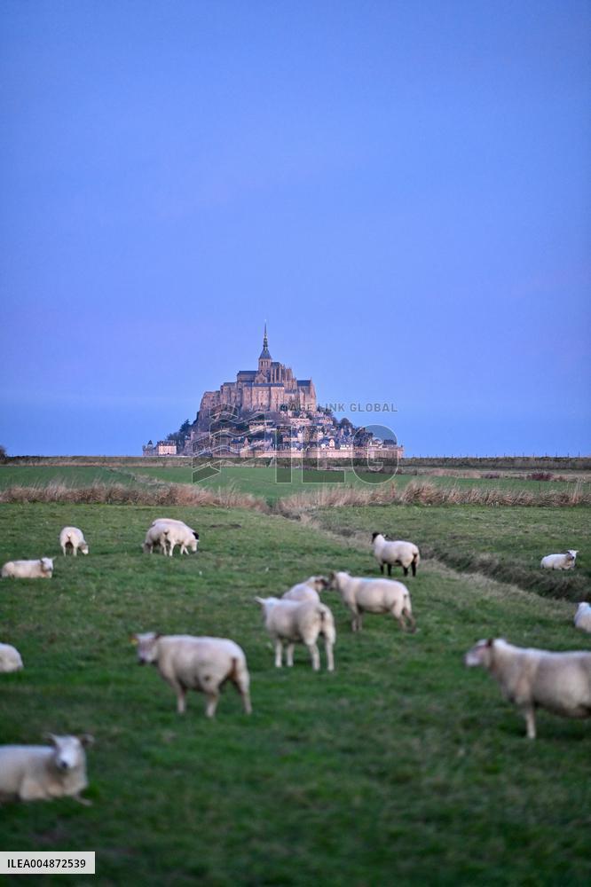 Mont-Saint-Michel and its bay in northwestern France. FC